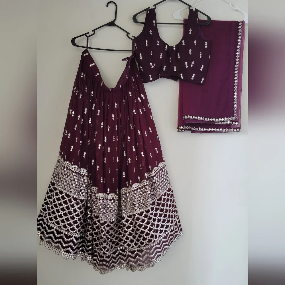 Wine/Maroon/Purple Sequin Zari Embroidery Work Lehenga Choli - Picture 1 of 7